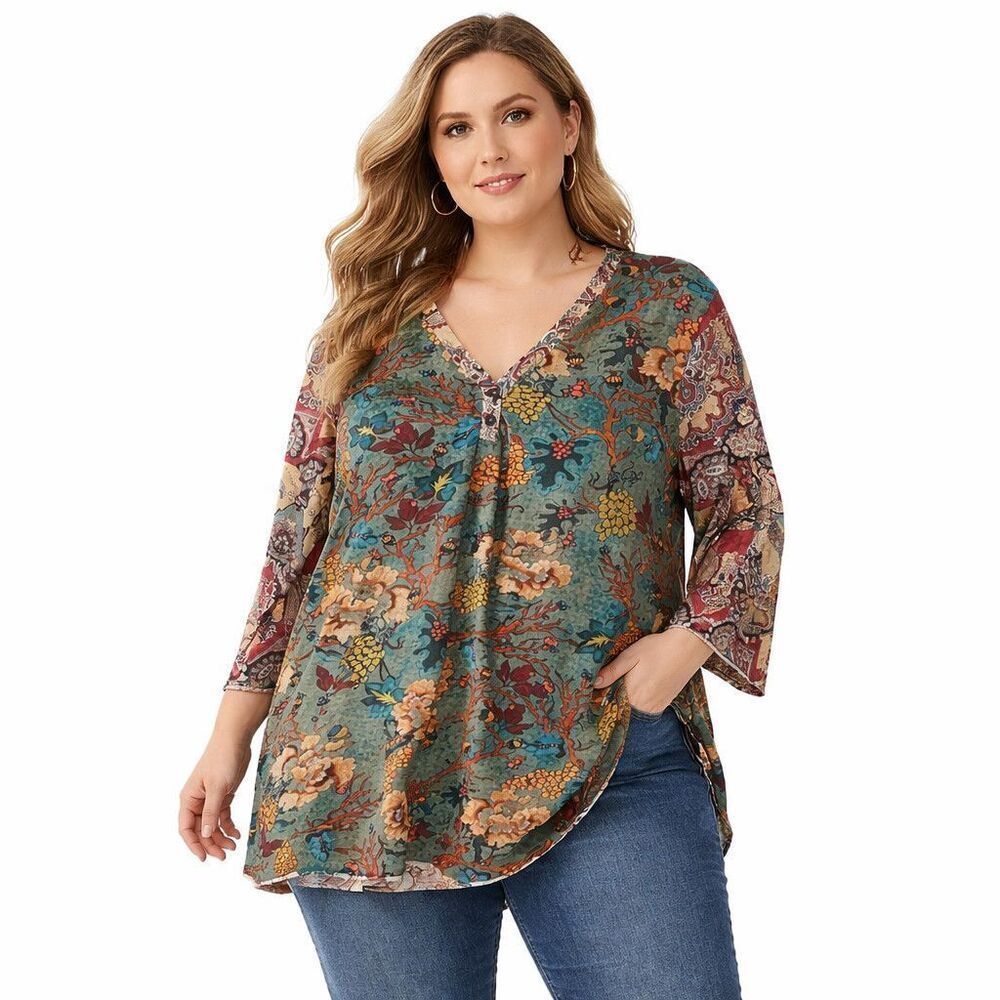 Parsley And Sage Tunic Blouse Womens XL Green Floral V Neck Long Sleeve Boho Top